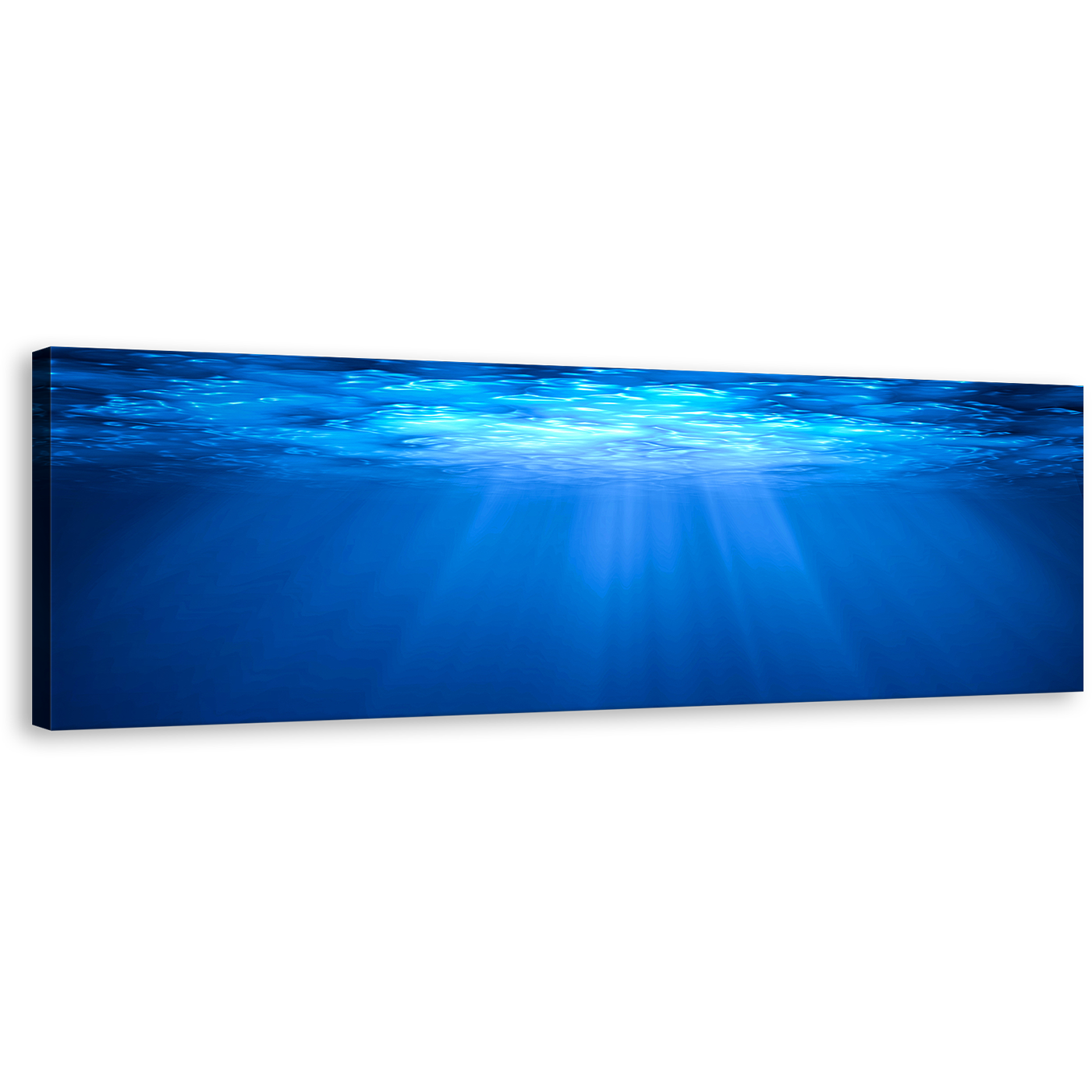 Ocean Deep Wall Art, Blue Ocean Underwater Sunlight Canvas Print, White Sunbeams Through Water Panoramic Canvas Art