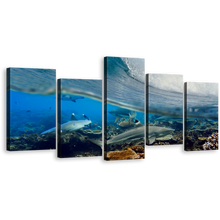 Load image into Gallery viewer, Ocean Fishes Canvas Print, Underwater Grey Sharks Canvas Set, Blue Ocean Waves 5 Piece Canvas Multi-panel Art
