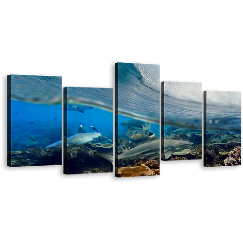 Ocean Fishes Canvas Print, Underwater Grey Sharks Canvas Set, Blue Ocean Waves 5 Piece Canvas Multi-panel Art