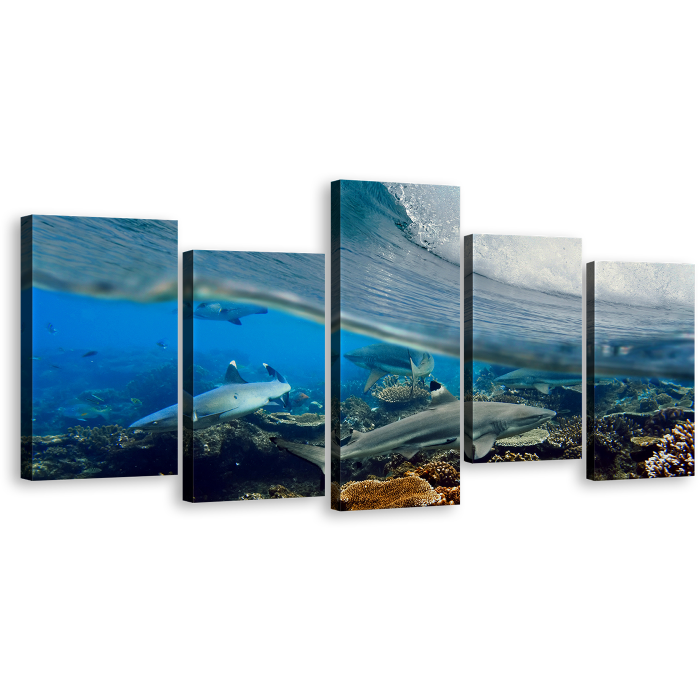 Ocean Fishes Canvas Print, Underwater Grey Sharks Canvas Set, Blue Ocean Waves 5 Piece Canvas Multi-panel Art