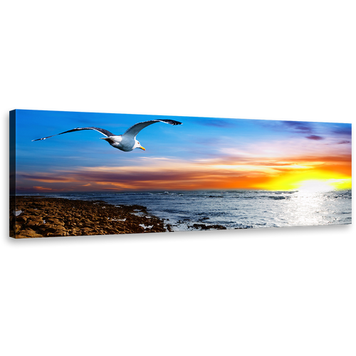 Ocean Grace Canvas Print, Graceful Flight of Blue Sky Bird Canvas Art, Captivating Orange Yellow Sunset 1 Piece Wall Art