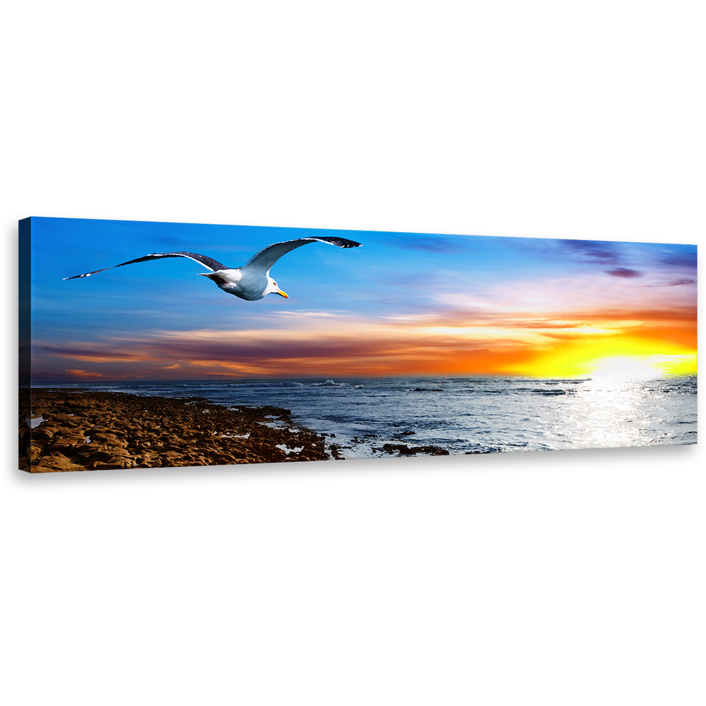 Ocean Grace Canvas Print, Graceful Flight of Blue Sky Bird Canvas Art, Captivating Orange Yellow Sunset 1 Piece Wall Art