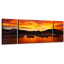 Load image into Gallery viewer, Ocean Harbor Canvas Print, Orange Port Boats Mountains Sunset Wall Art, Yellow Santurtzi Sunrise Ocean Mountains 3 Piece Canvas Set
