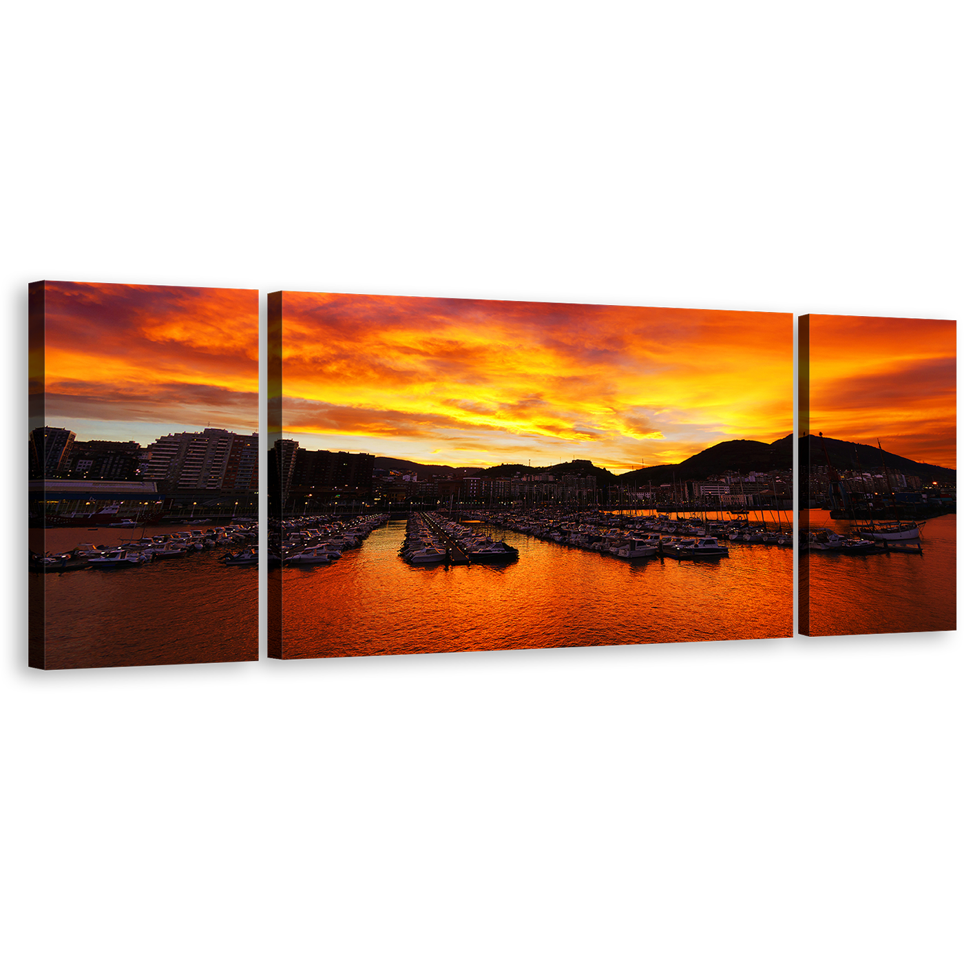 Ocean Harbor Canvas Print, Orange Port Boats Mountains Sunset Wall Art, Yellow Santurtzi Sunrise Ocean Mountains 3 Piece Canvas Set