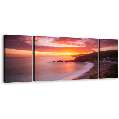 Ocean Landscape Canvas Wall Art, Challaborough Bay Brown Ocean Beach 3 Piece Multi Canvas, Yellow Sunset Clouds Ocean Triptych Canvas Print