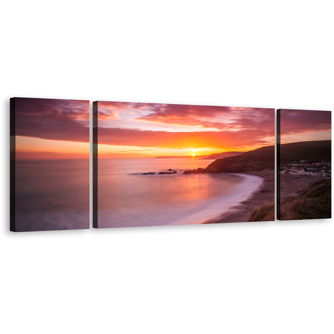 Ocean Landscape Canvas Wall Art, Challaborough Bay Brown Ocean Beach 3 Piece Multi Canvas, Yellow Sunset Clouds Ocean Triptych Canvas Print