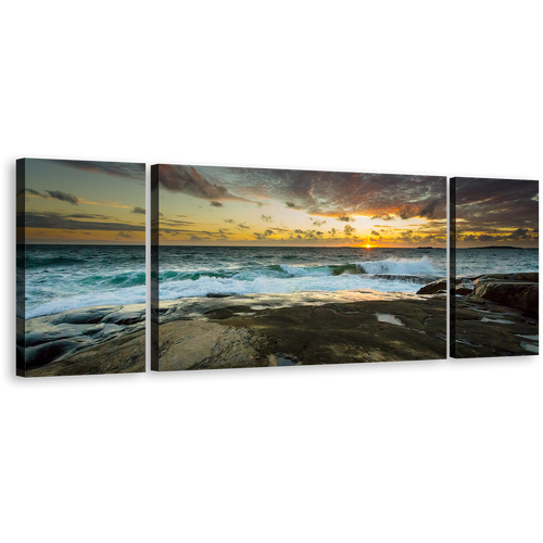 Ocean Landscape Canvas Wall Art, Sweden Brown Ocean Rocks 3 Piece Canvas Print, Dramatic Yellow Sky Seascape Multi Canvas Artwork