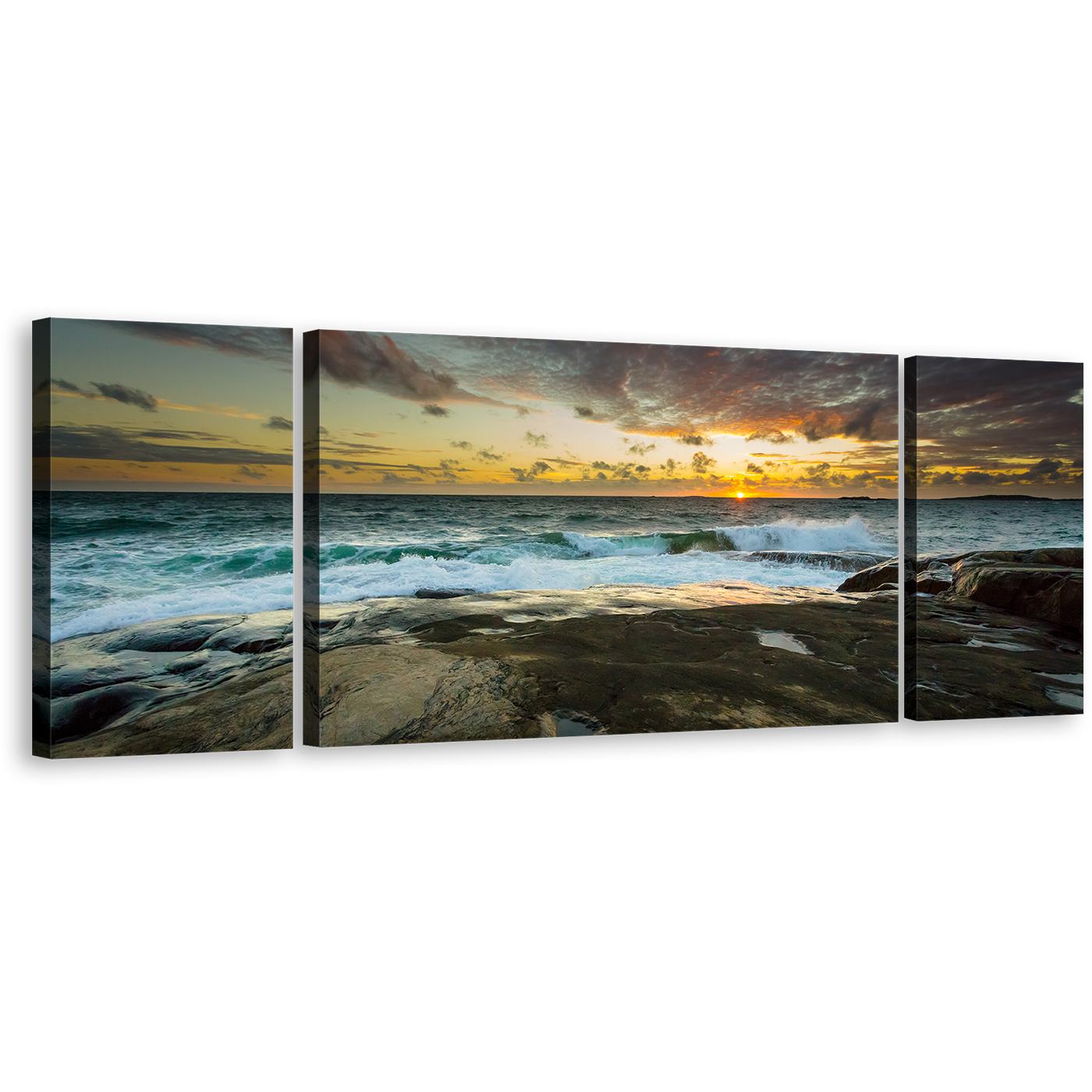 Ocean Landscape Canvas Wall Art, Sweden Brown Ocean Rocks 3 Piece Canvas Print, Dramatic Yellow Sky Seascape Multi Canvas Artwork