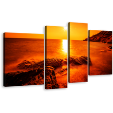 Load image into Gallery viewer, Ocean Landscape Canvas Wall Art, Thailand Orange Ocean Rocks 4 Piece Canvas Set, Rayong Yellow Sun Ocean Canvas Print
