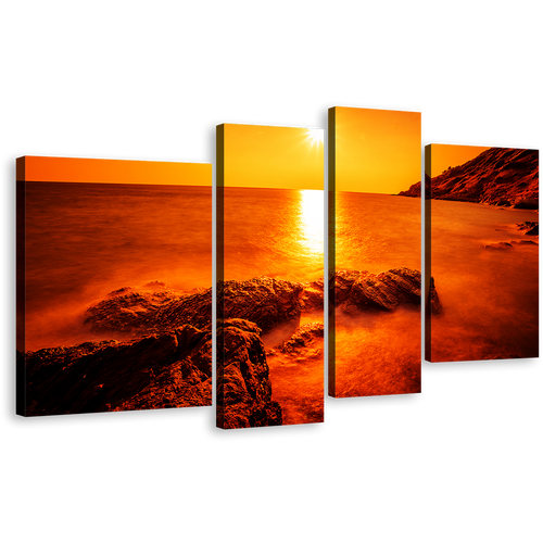 Ocean Landscape Canvas Wall Art, Thailand Orange Ocean Rocks 4 Piece Canvas Set, Rayong Yellow Sun Ocean Canvas Print