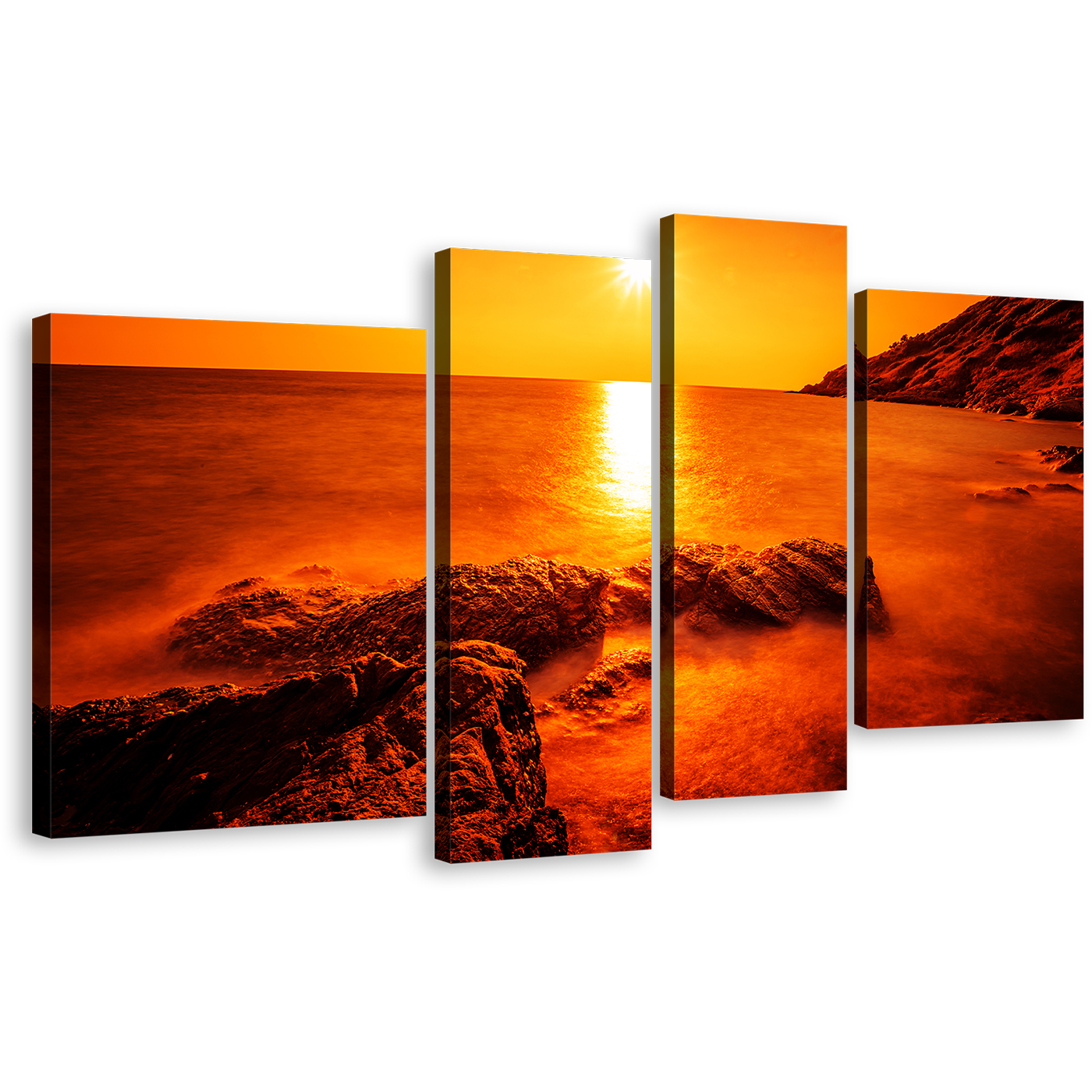 Ocean Landscape Canvas Wall Art, Thailand Orange Ocean Rocks 4 Piece Canvas Set, Rayong Yellow Sun Ocean Canvas Print