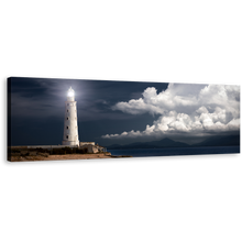 Load image into Gallery viewer, Ocean Lighthouse Canvas Wall Art, Night Ocean Grey Clouds Twilight Panoramic Canvas Print, White Lighthouse Canvas Artwork
