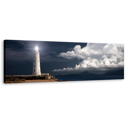 Ocean Lighthouse Canvas Wall Art, Night Ocean Grey Clouds Twilight Panoramic Canvas Print, White Lighthouse Canvas Artwork