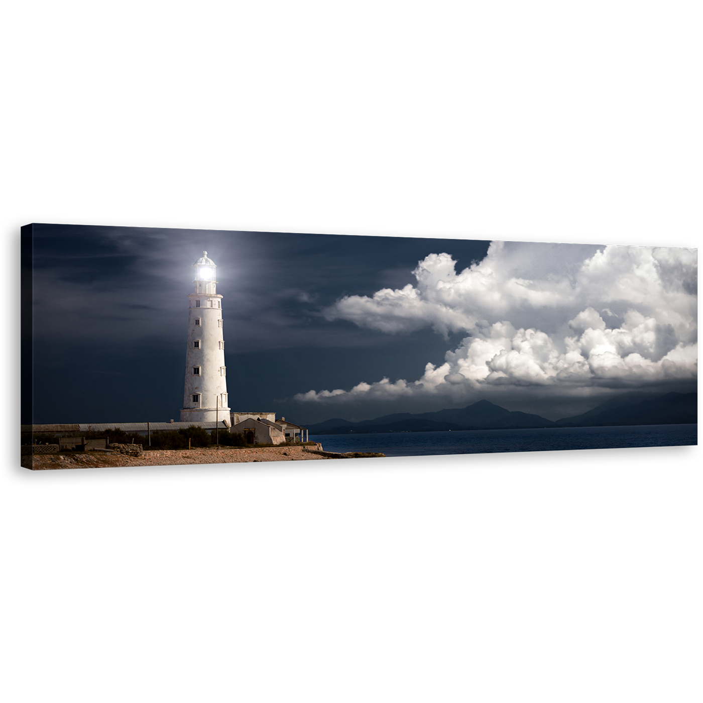 Ocean Lighthouse Canvas Wall Art, Night Ocean Grey Clouds Twilight Panoramic Canvas Print, White Lighthouse Canvas Artwork