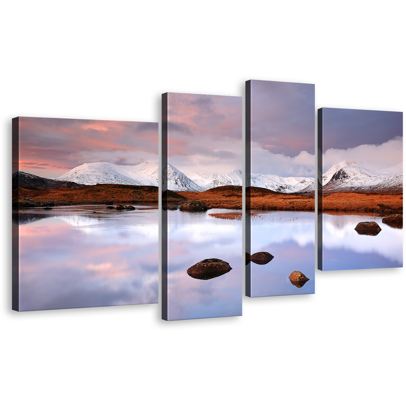 Ocean Mountain Canvas Print, Brown Scottish Highlands Landscape 4 Piece Canvas Wall Art, White Snow Covered Glencoe Mountain Multi Canvas