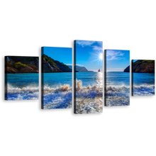 Load image into Gallery viewer, Ocean Mountain Canvas Print, Cala Benirrás Beach 5 Piece Wall Art, Spain Blue White Sky Sunset Ibiza Ocean Multi Canvas
