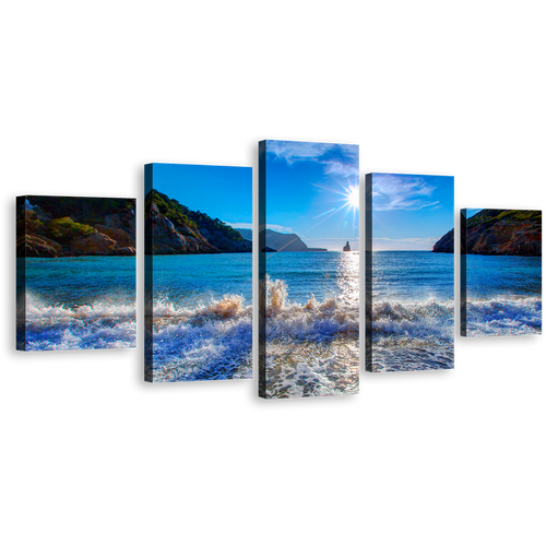 Ocean Mountain Canvas Print, Cala Benirrás Beach 5 Piece Wall Art, Spain Blue White Sky Sunset Ibiza Ocean Multi Canvas