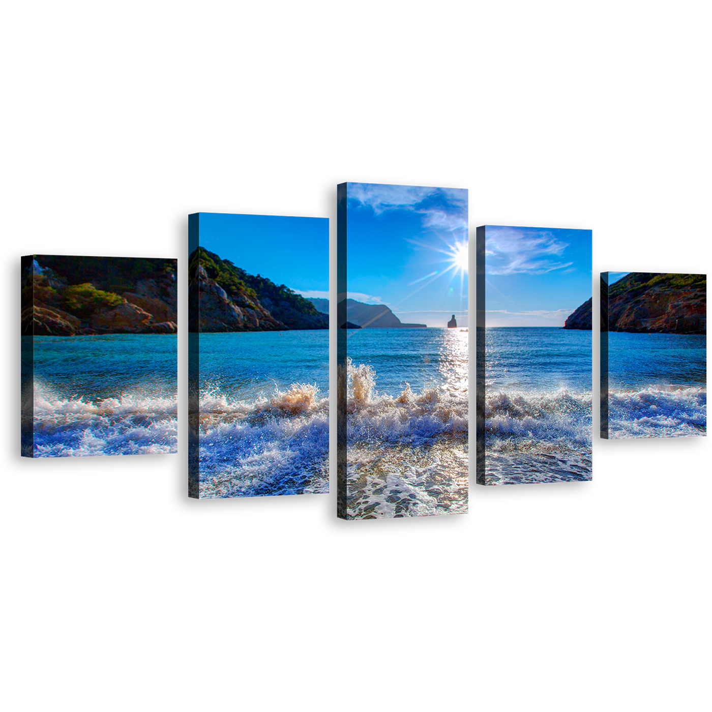 Ocean Mountain Canvas Print, Cala Benirrás Beach 5 Piece Wall Art, Spain Blue White Sky Sunset Ibiza Ocean Multi Canvas