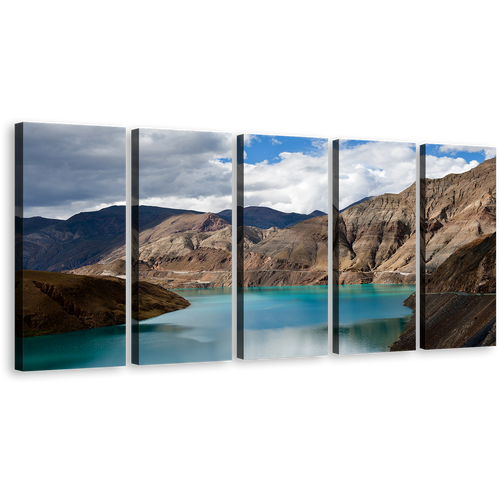 Ocean Mountain Canvas Print, Sacred Blue Tibet Lat Canvas Set, Yamdrok Lake Canvas Wall Art, Yamdrok Yumtso Brown 5 Piece Canvas