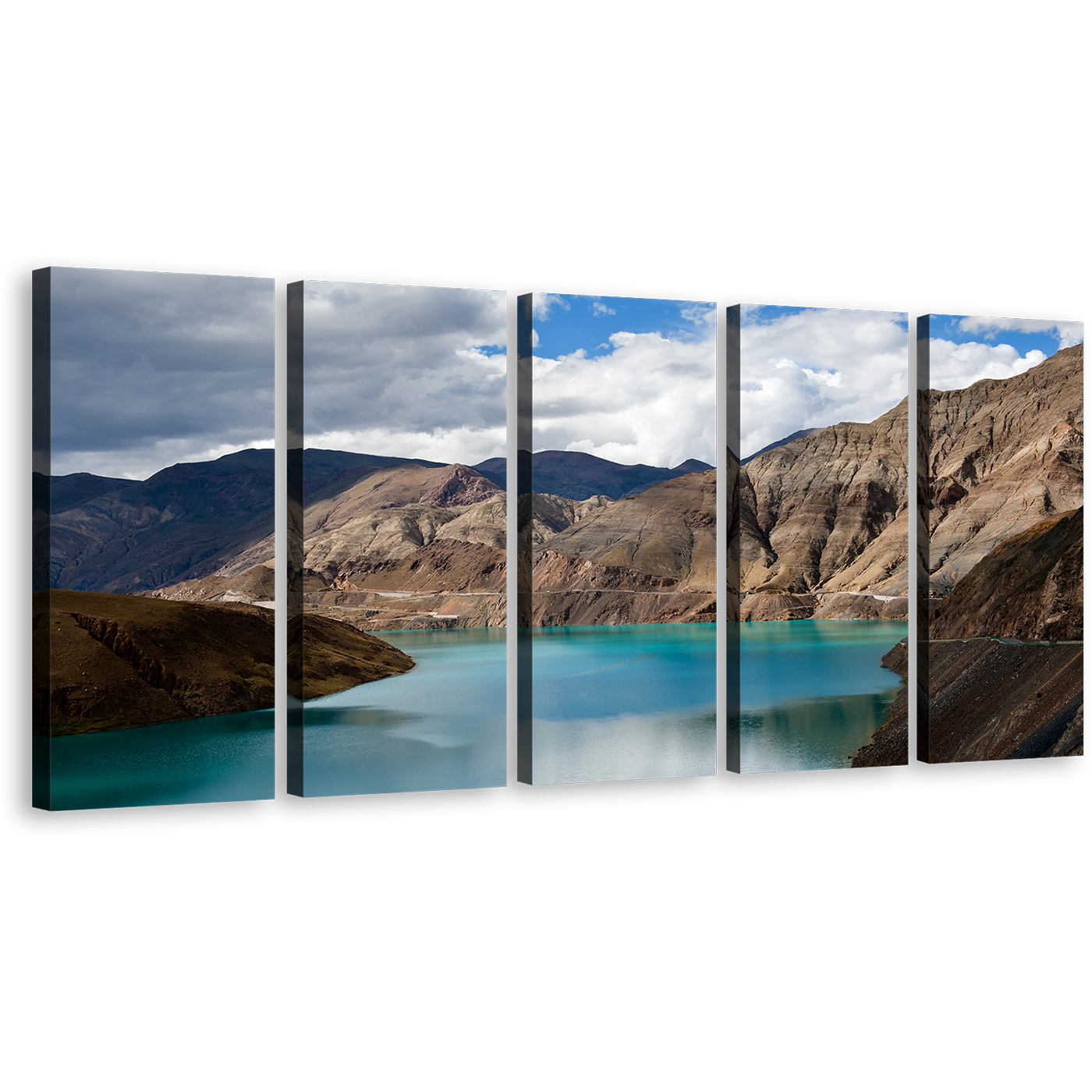 Ocean Mountain Canvas Print, Sacred Blue Tibet Lat Canvas Set, Yamdrok Lake Canvas Wall Art, Yamdrok Yumtso Brown 5 Piece Canvas