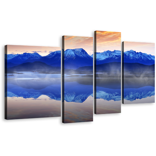 Ocean Mountain Canvas Print, White Norwegian Ocean Sunrise Canvas Set, Blue Foggy Mountain Reflection 4 Piece Wall Art