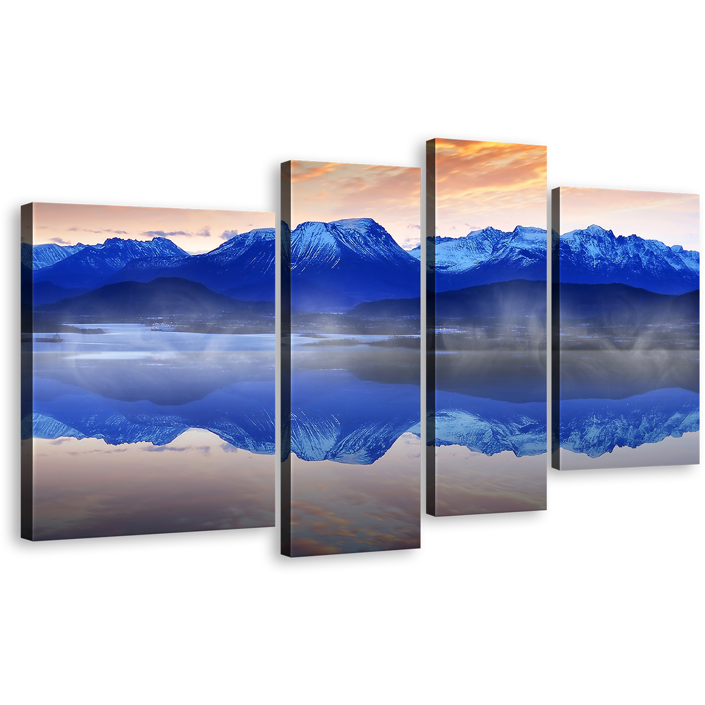 Ocean Mountain Canvas Print, White Norwegian Ocean Sunrise Canvas Set, Blue Foggy Mountain Reflection 4 Piece Wall Art