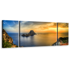 Load image into Gallery viewer, Ocean Mountain Canvas Wall Art, Blue Sky Sea 3 Piece Multi Canvas, Es Vedra Triptych Canvas Print, Ibiza Island Yellow Sunset Canvas Set
