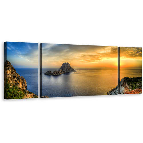 Ocean Mountain Canvas Wall Art, Blue Sky Sea 3 Piece Multi Canvas, Es Vedra Triptych Canvas Print, Ibiza Island Yellow Sunset Canvas Set