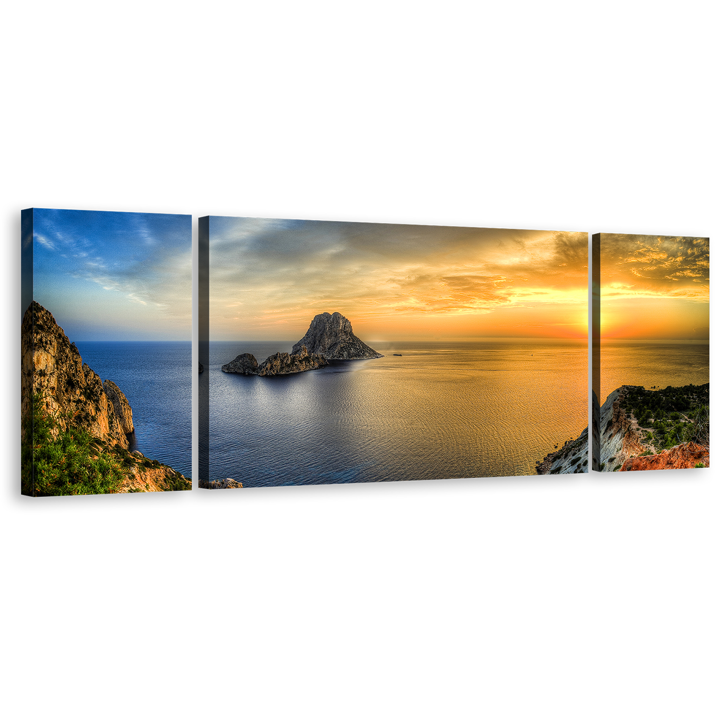 Ocean Mountain Canvas Wall Art, Blue Sky Sea 3 Piece Multi Canvas, Es Vedra Triptych Canvas Print, Ibiza Island Yellow Sunset Canvas Set