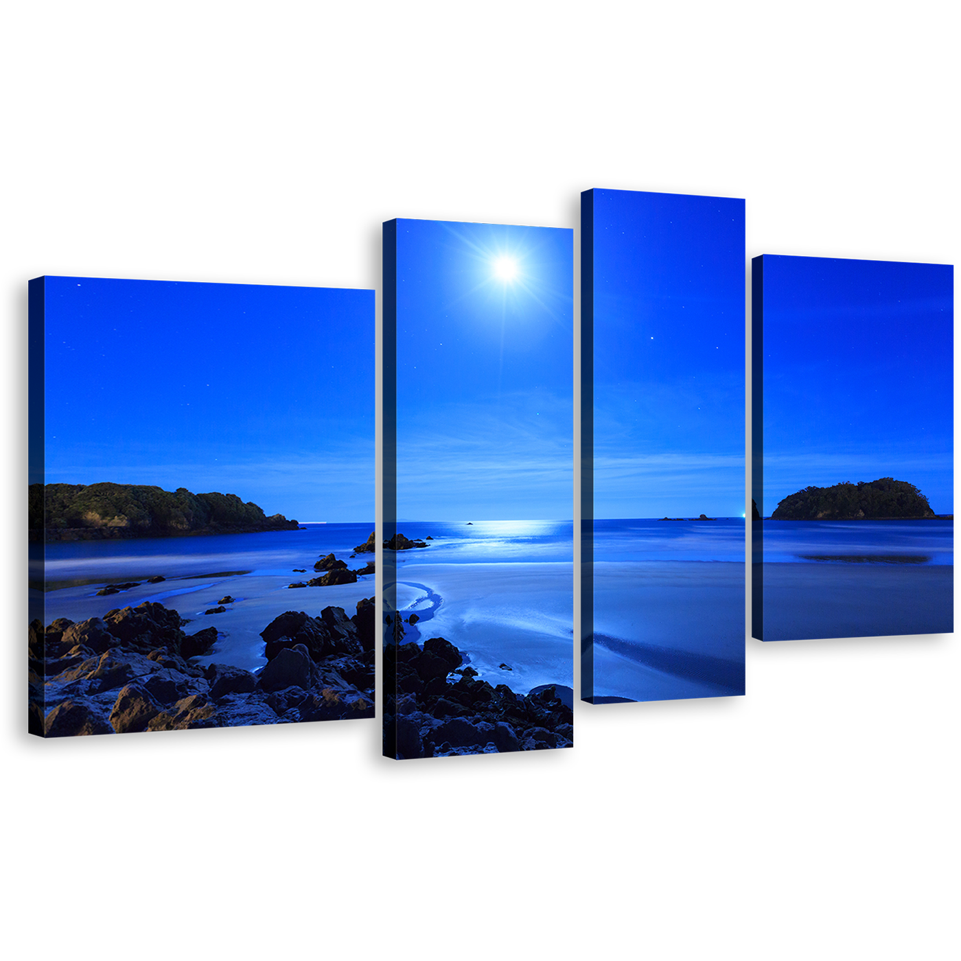 Ocean Mountain Canvas Wall Art, Brown Ocean Rocks 4 Piece Multiple Canvas, Blue Sky Ocean Canvas Print