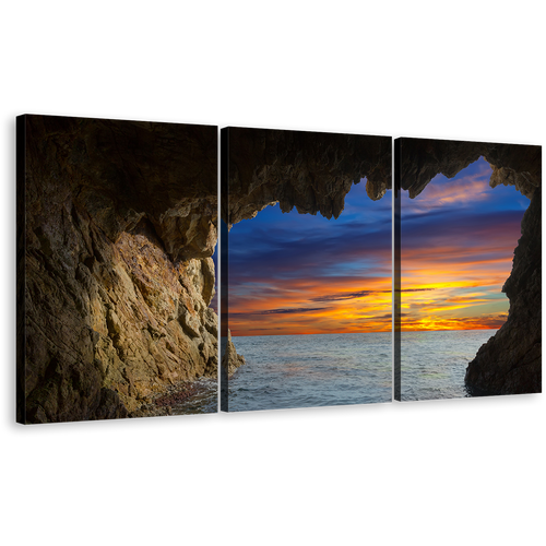 Ocean Mountain Canvas Wall Art, Dramatic Orange Sky Ocean Arches 3 Piece Canvas, Brown Cave Ocean View Canvas Print