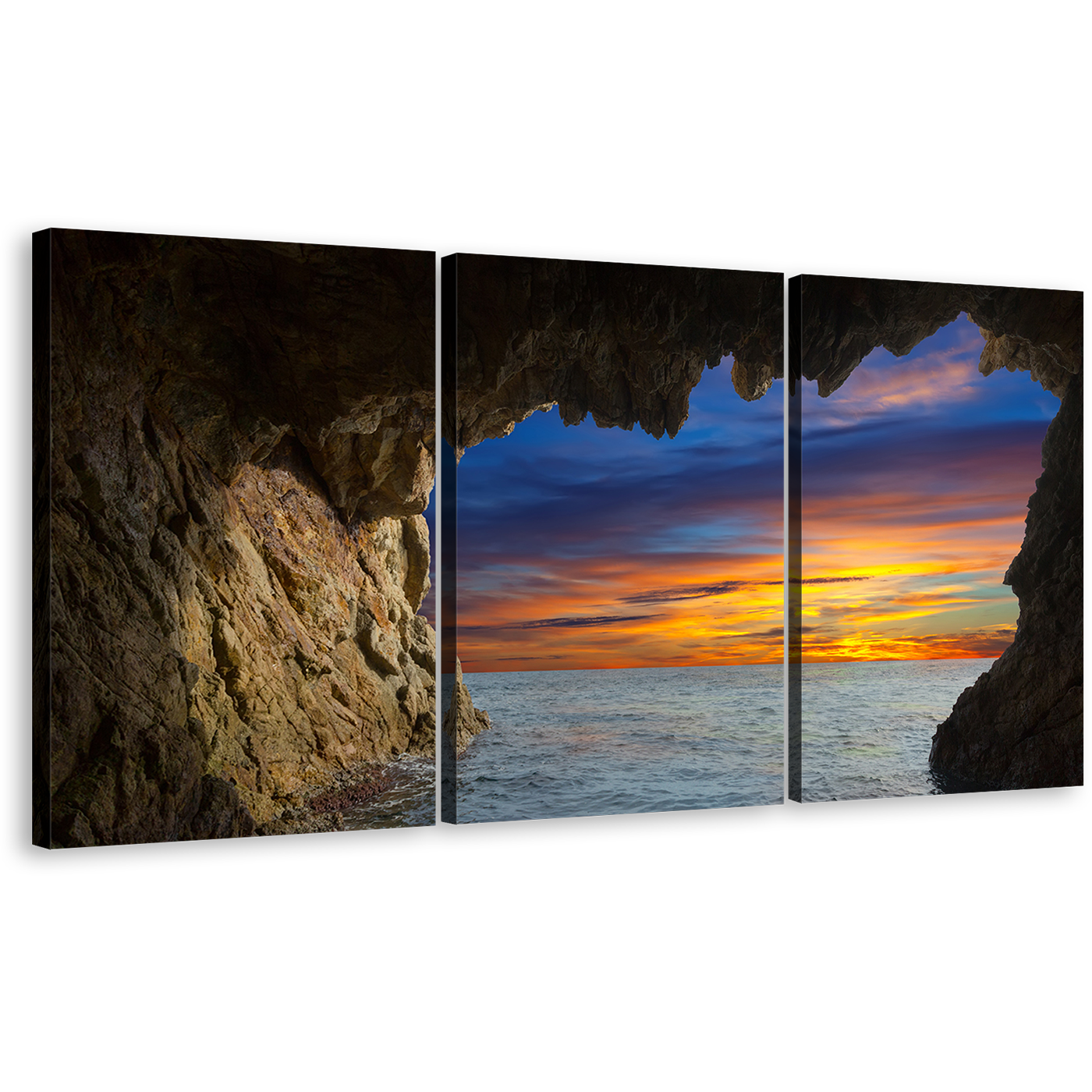 Ocean Mountain Canvas Wall Art, Dramatic Orange Sky Ocean Arches 3 Piece Canvas, Brown Cave Ocean View Canvas Print