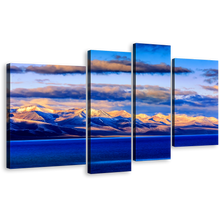 Load image into Gallery viewer, Ocean Mountain Canvas Wall Art, Tibet Evening Mountain 4 Piece Canvas Print, Wall Lake Of Nam Canvas Artwork, Orange Sunset Blue Ocean Multi Canvas
