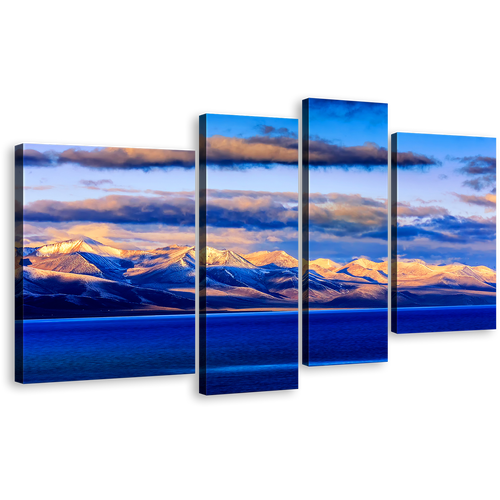 Ocean Mountain Canvas Wall Art, Tibet Evening Mountain 4 Piece Canvas Print, Wall Lake Of Nam Canvas Artwork, Orange Sunset Blue Ocean Multi Canvas