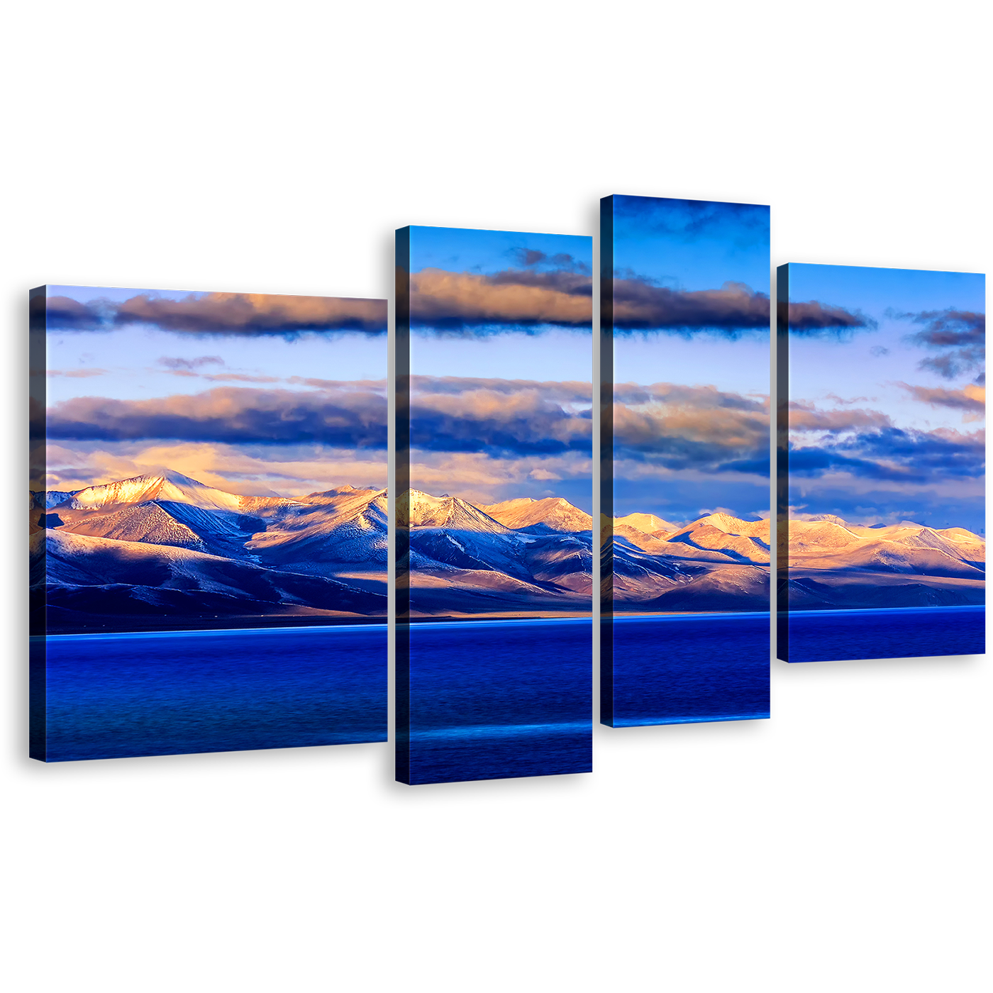 Ocean Mountain Canvas Wall Art, Tibet Evening Mountain 4 Piece Canvas Print, Wall Lake Of Nam Canvas Artwork, Orange Sunset Blue Ocean Multi Canvas