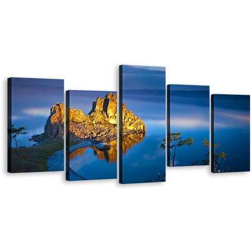 Ocean Mountain Canvas Wall Art, Yellow Sharman Mountain Multi Canvas, Blue Lake Baikal Cliff Landscape 5 Piece Canvas Print