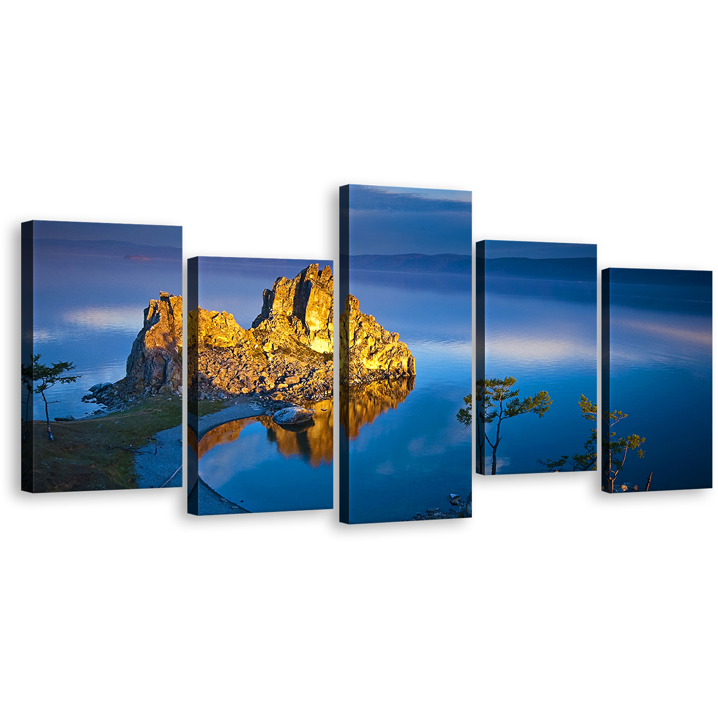 Ocean Mountain Canvas Wall Art, Yellow Sharman Mountain Multi Canvas, Blue Lake Baikal Cliff Landscape 5 Piece Canvas Print