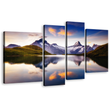 Load image into Gallery viewer, Ocean Mountain Wall Art, Purple Schreckhorn Scene 4 Piece Canvas Print, White Bachalpsee Lake Multi Canvas
