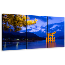 Load image into Gallery viewer, Ocean Mountain Wall Art, Yellow Itsukushima Shrine by Evening Shinto City 3 Piece Canvas Print, Blue City Beach Canvas Set
