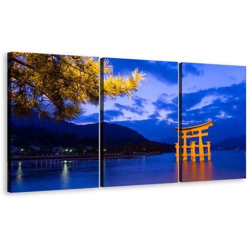 Ocean Mountain Wall Art, Yellow Itsukushima Shrine by Evening Shinto City 3 Piece Canvas Print, Blue City Beach Canvas Set