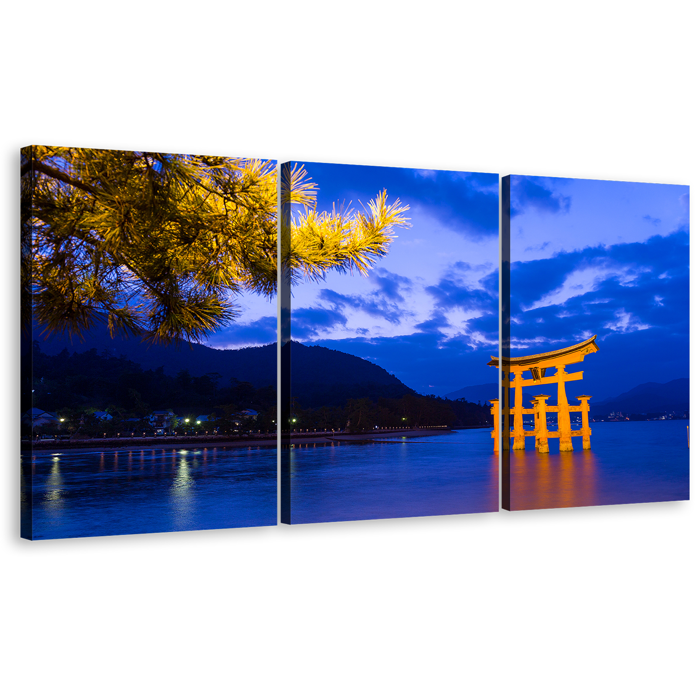 Ocean Mountain Wall Art, Yellow Itsukushima Shrine by Evening Shinto City 3 Piece Canvas Print, Blue City Beach Canvas Set