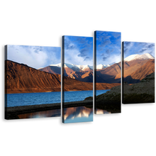 Load image into Gallery viewer, Ocean Mountains Canvas Print, Beautiful Blue Sky Pangong Tso Multiple Canvas, Brown Tibet Pangong Lake 4 Piece Wall Art
