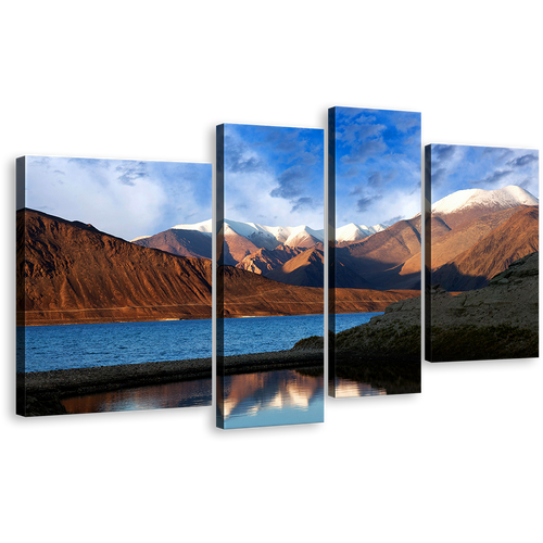 Ocean Mountains Canvas Print, Beautiful Blue Sky Pangong Tso Multiple Canvas, Brown Tibet Pangong Lake 4 Piece Wall Art