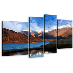 Ocean Mountains Canvas Print, Beautiful Blue Sky Pangong Tso Multiple Canvas, Brown Tibet Pangong Lake 4 Piece Wall Art