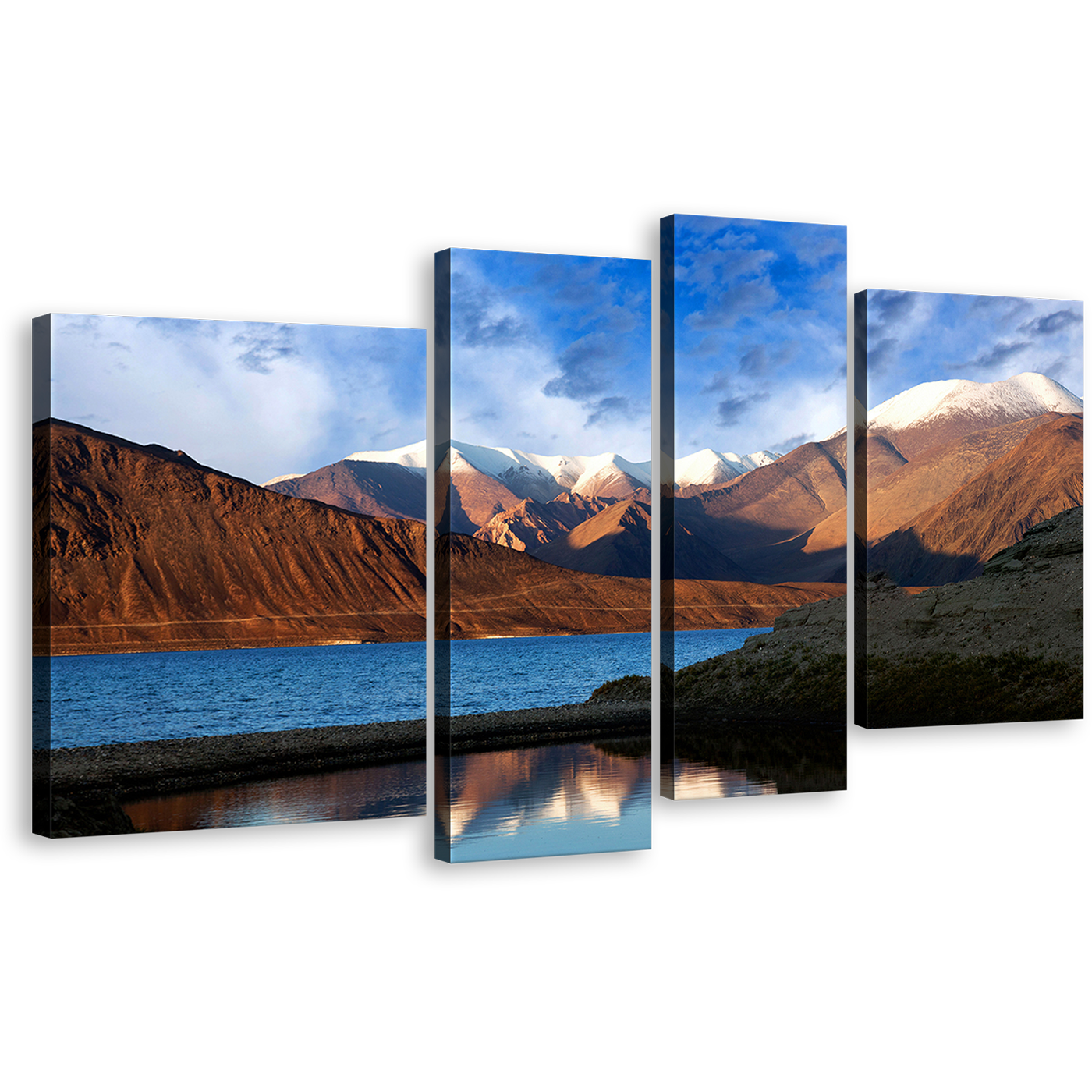 Ocean Mountains Canvas Print, Beautiful Blue Sky Pangong Tso Multiple Canvas, Brown Tibet Pangong Lake 4 Piece Wall Art