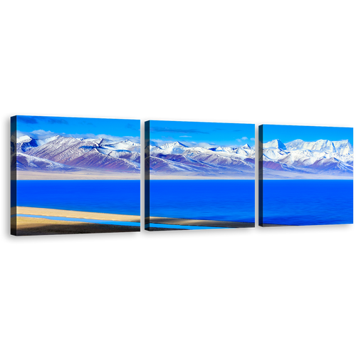 Ocean Mountains Canvas Print, Blue Lake in Tibet Canvas Set, White Snow Covered Capped Mountains 3 Piece Wall Art