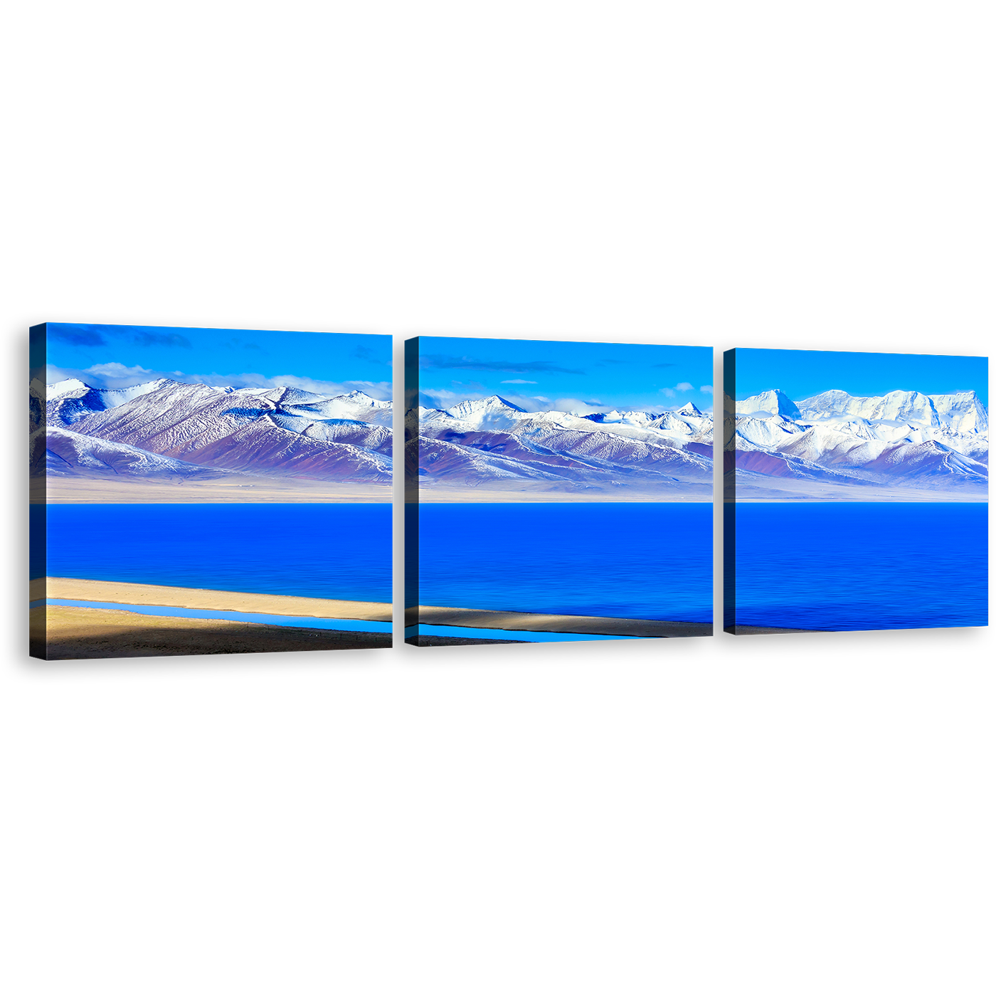 Ocean Mountains Canvas Print, Blue Lake in Tibet Canvas Set, White Snow Covered Capped Mountains 3 Piece Wall Art