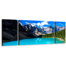 Load image into Gallery viewer, Ocean Mountains Canvas Print, Blue Sky Alberta Moraine Lake Triptych Wall Art, Banff National Park Green Trees Canvas Set
