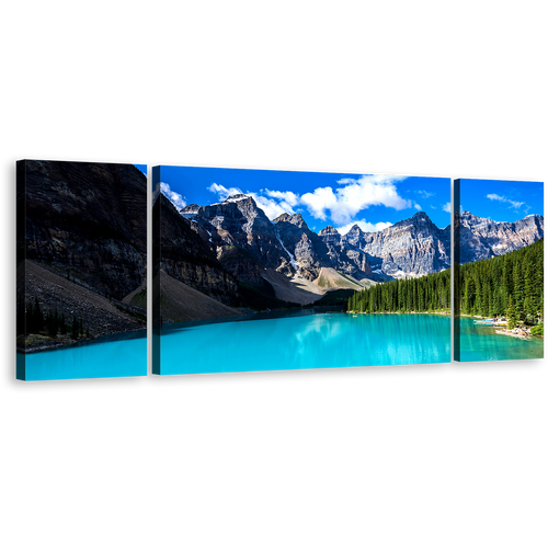 Ocean Mountains Canvas Print, Blue Sky Alberta Moraine Lake Triptych Wall Art, Banff National Park Green Trees Canvas Set