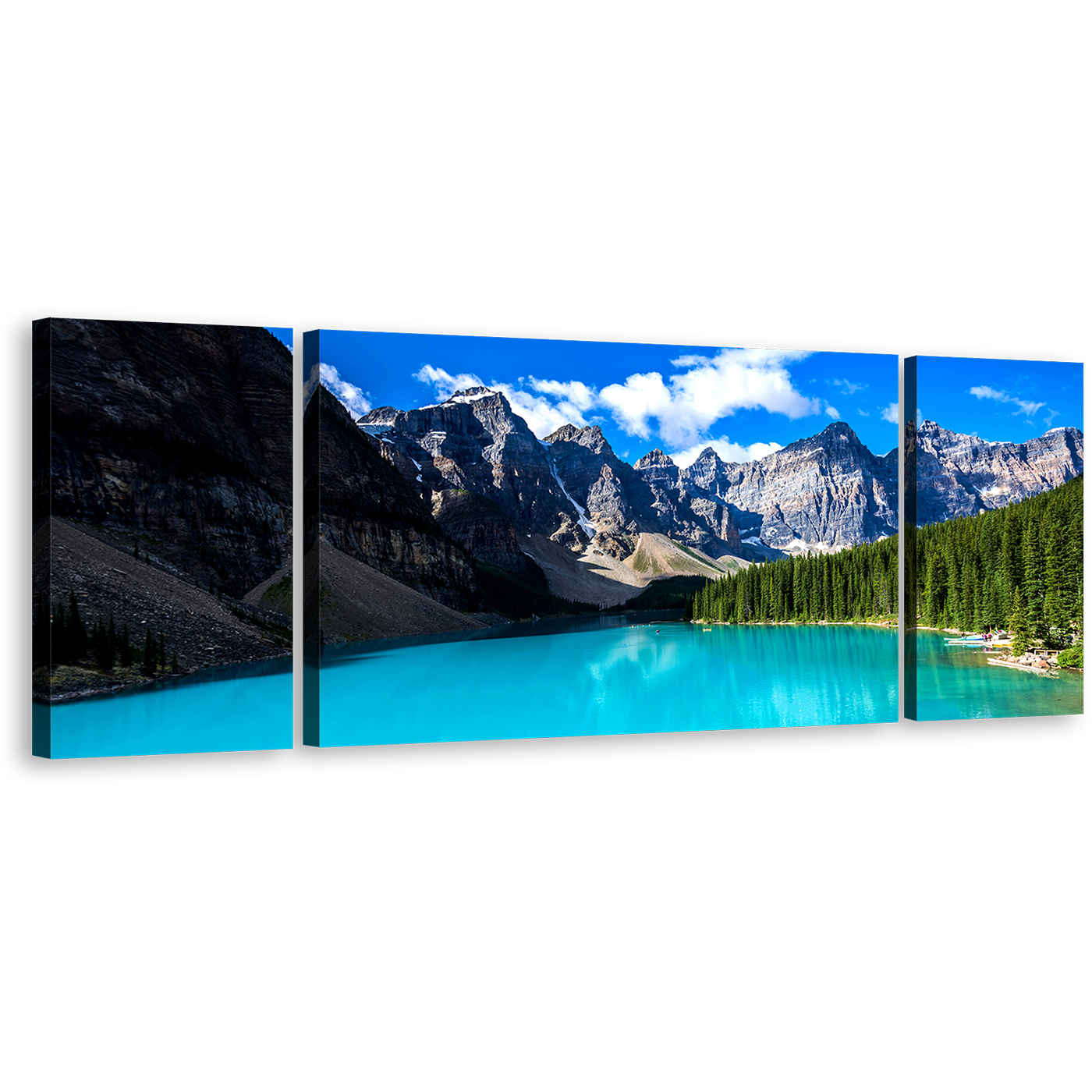 Ocean Mountains Canvas Print, Blue Sky Alberta Moraine Lake Triptych Wall Art, Banff National Park Green Trees Canvas Set